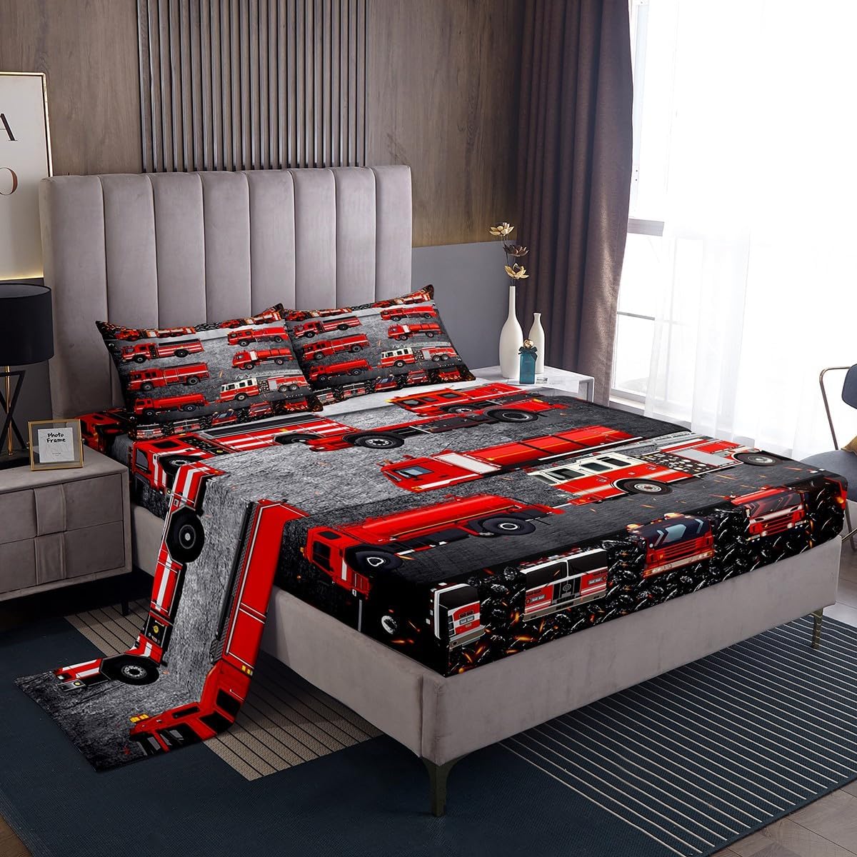 Manfei Firefighting Truck Sheet Set Twin Size Red Fire Truck Bed Sheet Set 3pcs with Deep Pocket Fitted Sheet + Flat Sheet + 1 Pillowcase, Emergency Rescue Vehicle Bedding Set for Kids Boys Teens