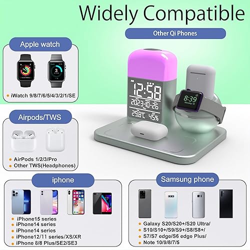 Miniatura 3 de Estación de carga inalámbrica 3 en 1, cargador inalámbrico compatible con iPhone 1514131211ProMaxXSPlus. Reloj despertador digital con luz nocturna
