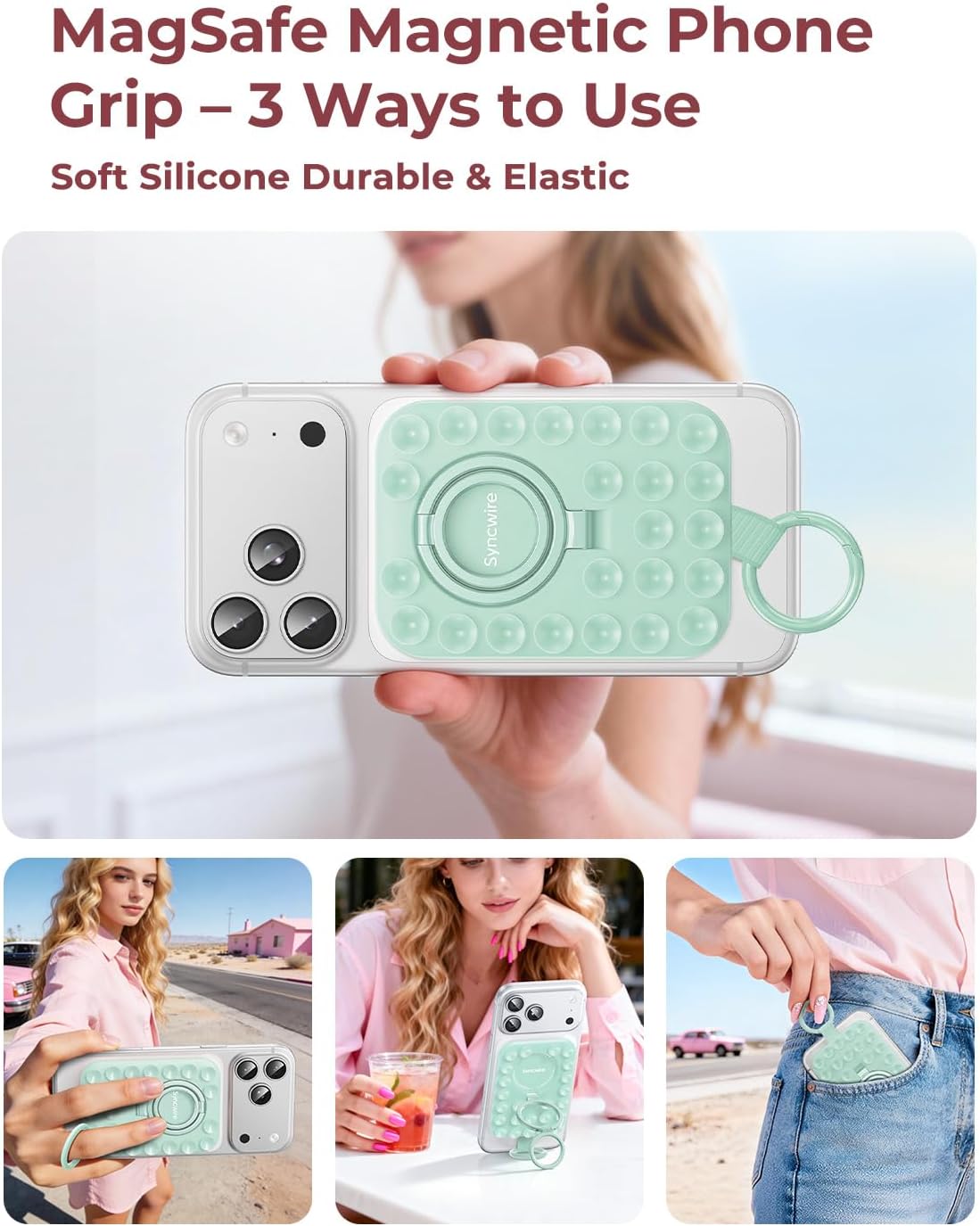Syncwire Magnetic Suction Phone Mount for MagSafe, Silicone Octo Cup Buddy Sticky Grip Ring Holder, Hands-Free/Selfie/Video for TikTok & Instagram Influencer/Creator, iPhone Compatible,Mint Green