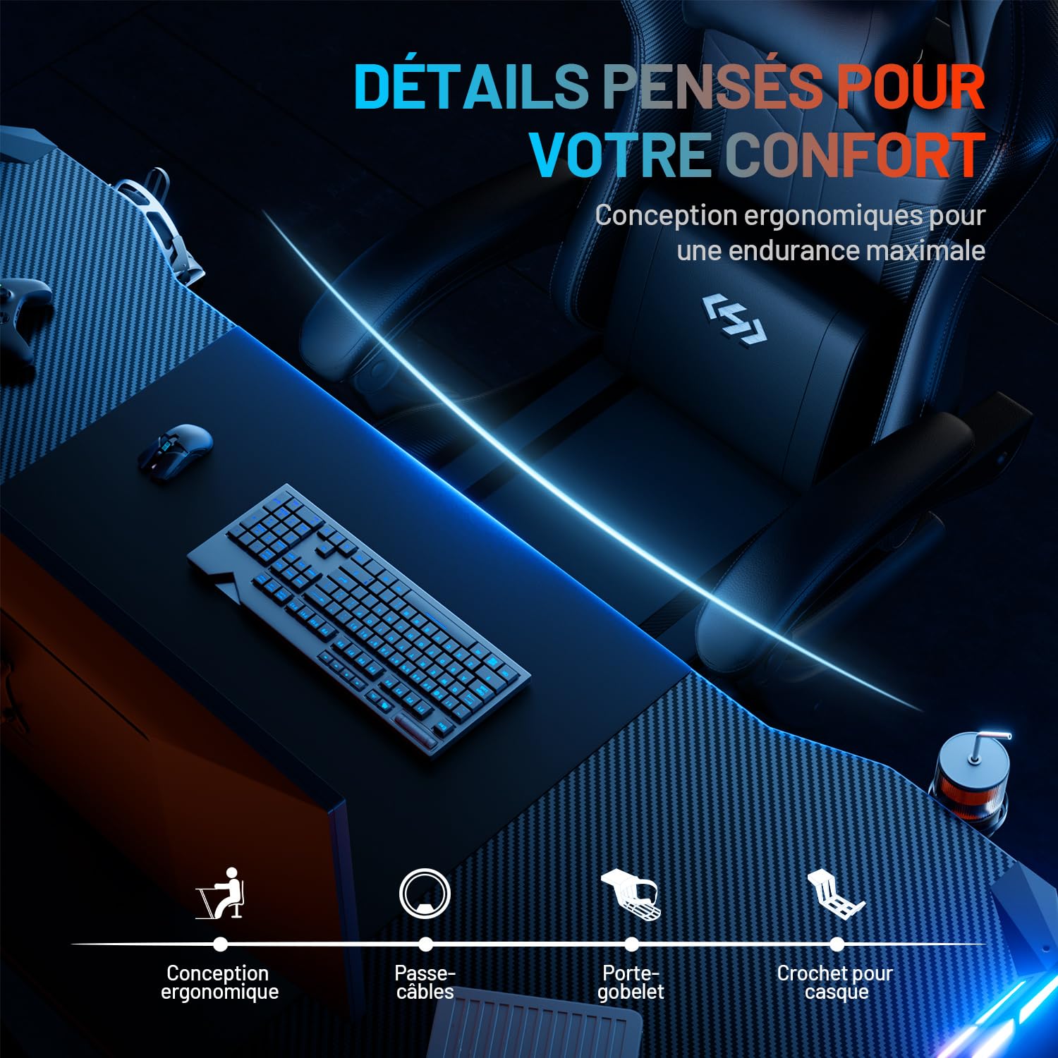HLFURNIEU Bureau Gaming avec LED, 160 x 60 cm, Ergonomique, Noir