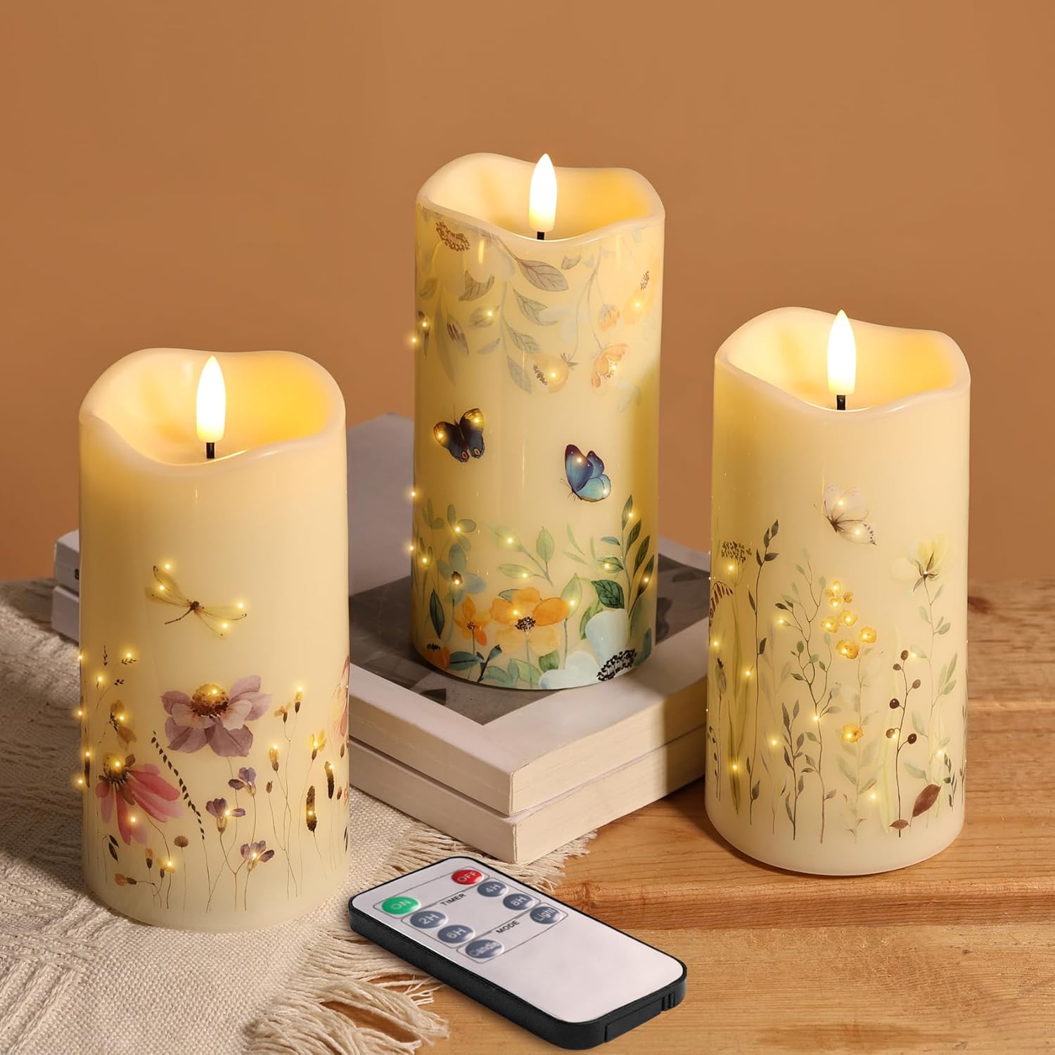 Eywamage Fiber Optic Flameless Pillar Candles with Remote Set of 3, Butterfly Floral Spring LED Candles Battery Operated Φ 3" H 6"