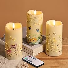 Eywamage Fiber Optic Flameless Pillar Candles with Remote Set of 3, Butterfly Floral Spring LED Candles Battery Operated Φ 3" H 6"