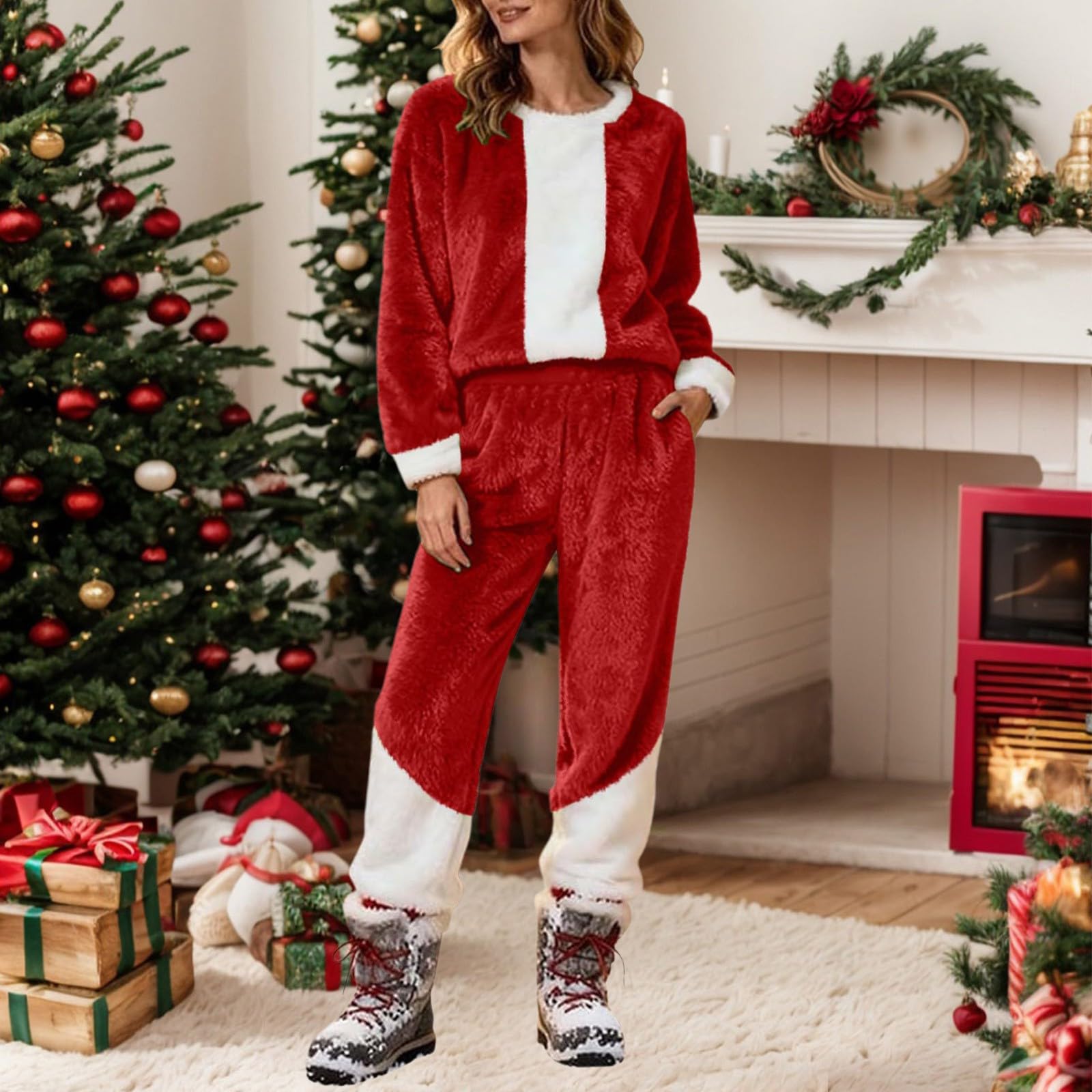 Pijama de franela para mujer, largo, cálido, de dos piezas, ropa de salón mullida, traje de casa para mujer, bloque de color, traje de Navidad