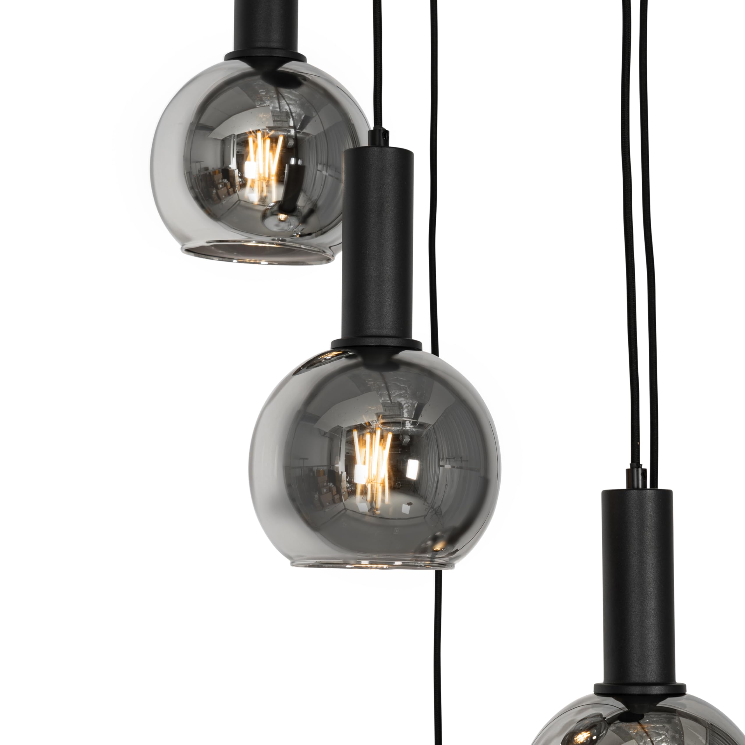 Qazqa Art Deco Pendelleuchte, Pendellampe - Josje - Schwarz mit Rauchglas, Rund, 5-flammig,