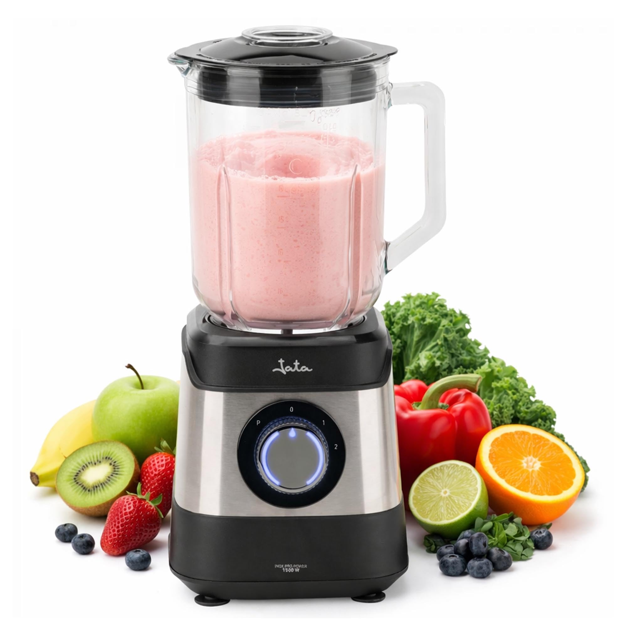 JATA JEBT3855 - Batidora de Vaso 1500 W con Jarra de Cristal 1,8 L, Motor AC Alto Rendimiento 17000 RPM, Tritura Hielo, 2 Velocidades + Pulse, Cuchillas Acero Inoxidable, Sistema Seguridad