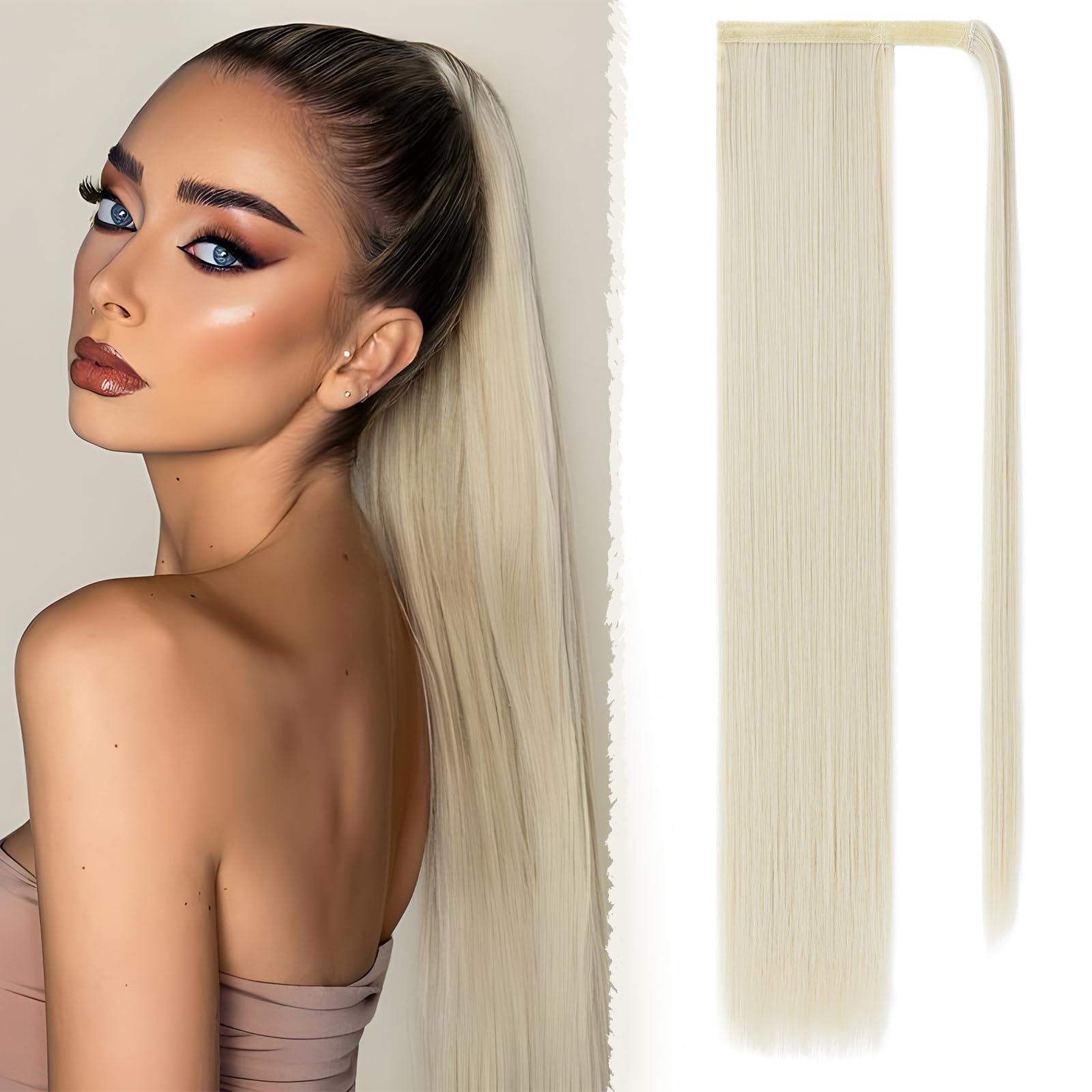 Benehair 28 Inches Straight Ponytail Extension Long Wrap Around Drawstring Ponytail Synthetic Hair Extension Ponytail Light Blonde Hair Pieces for Women(Light Blonde