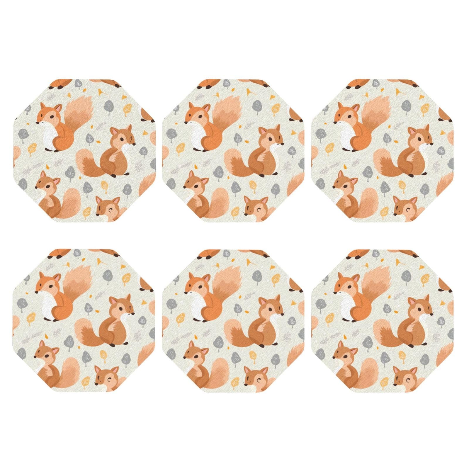 6pcs Leather Coasters for Drinks, Cute Squirrels Drink Coasters for Tabletop Protection, 4" Cup Coasters for Coffee Table Decor, Non-Slip Drinking Cup Mat for Hot Or Cold Drink