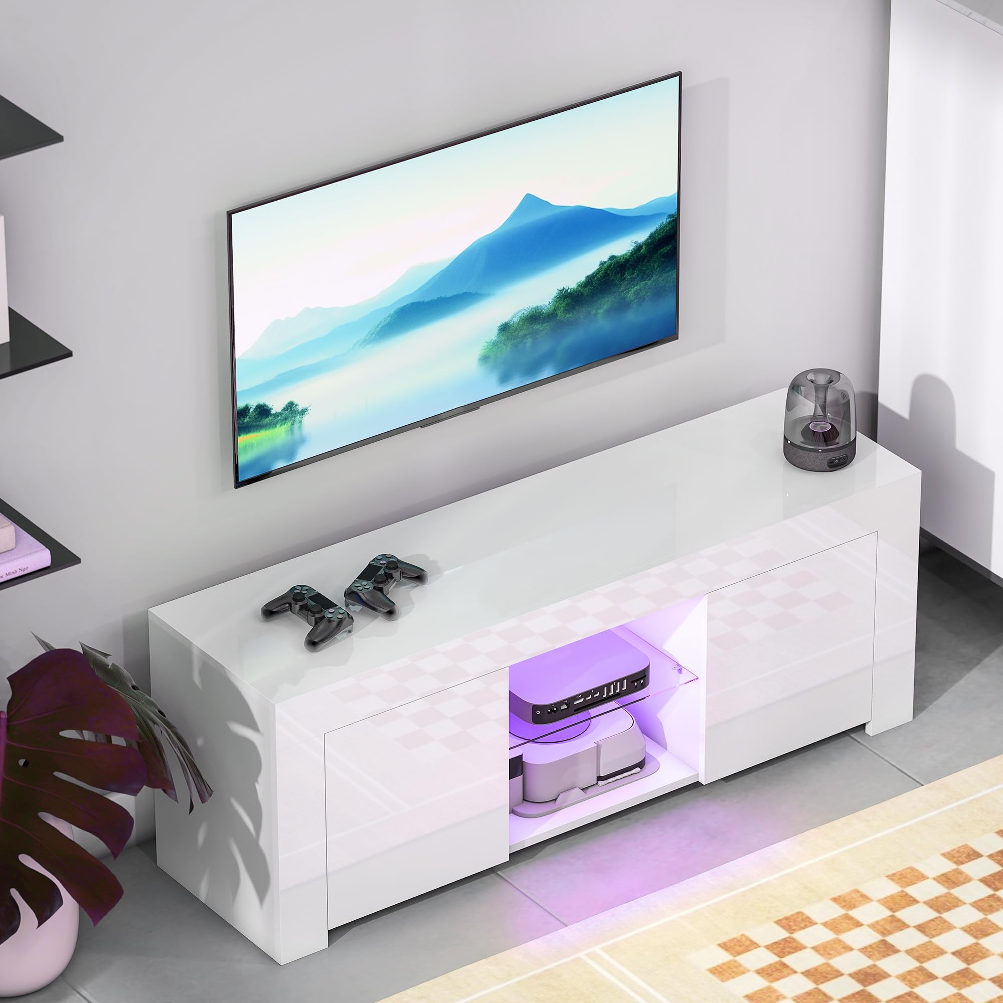 HOMCOM Meuble TV avec LED, pour TV 55 pouces, blanc, 120x34x45cm