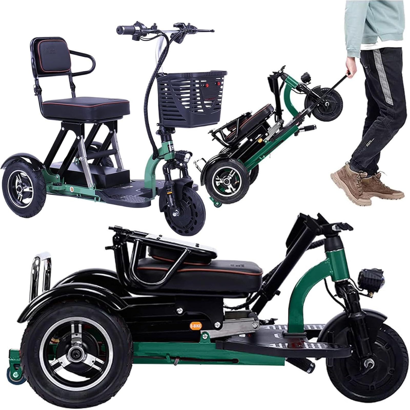 Genérico Triciclo Eléctrico para Adultos Plegable De 3 Ruedas con Asiento para Pasajero Autonomía Extendida De 45 Km Viene con Batería Cargador Y Cesta De Almacenami,002,The First Type