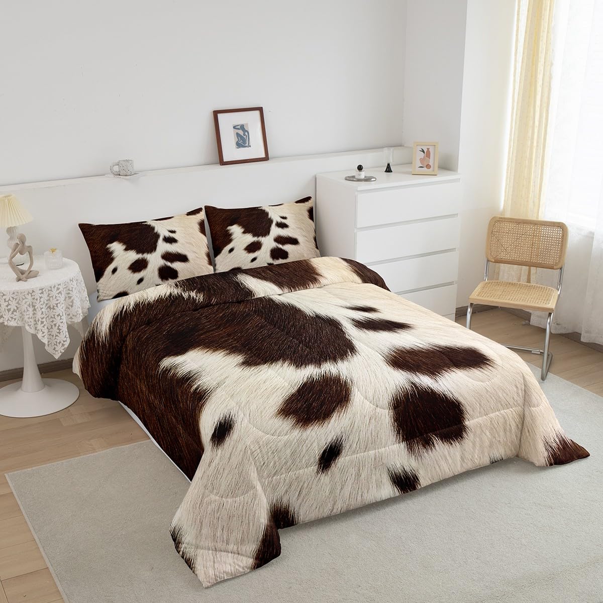 Castle Fairy Queen Size Kids Comforter Sets Animal Theme Bedding Quilt Set with 2 Pillowcases for Boys Girls Adults Farm Livestock Classic Cow Skin Bedding Set (Not Real Cowhide)