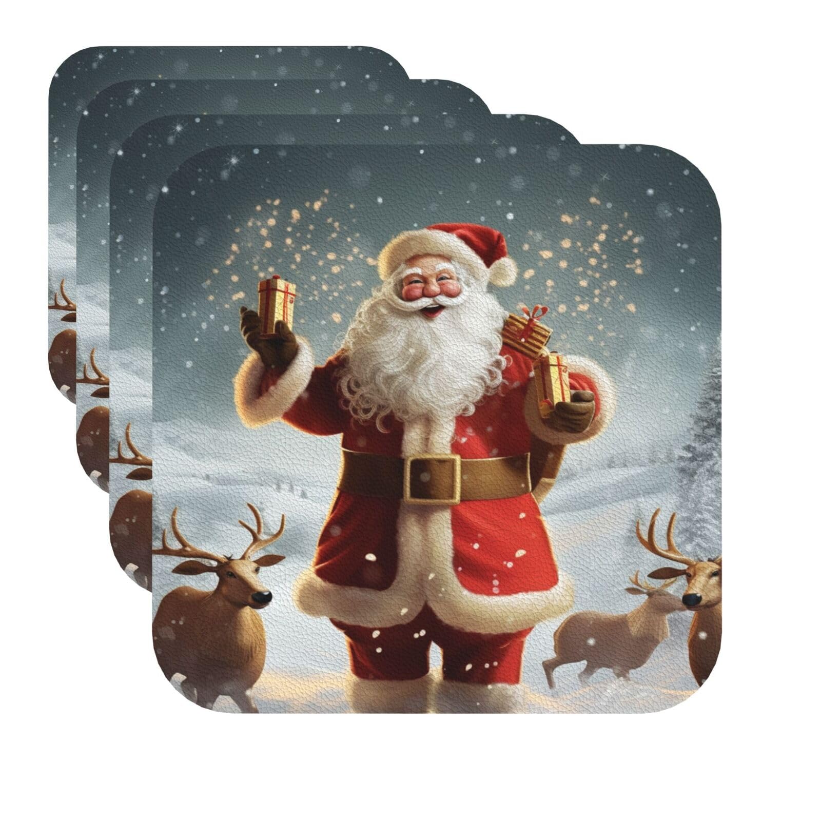 Drink Coasters Set of 4 Quick-Dry Leather Coaster Christmas Santa Claus Coasters for Drinks Coffee Cup Mat Tabletop Protection Heat Resistant Coaster for Kitchen Bar Office Home Decor
