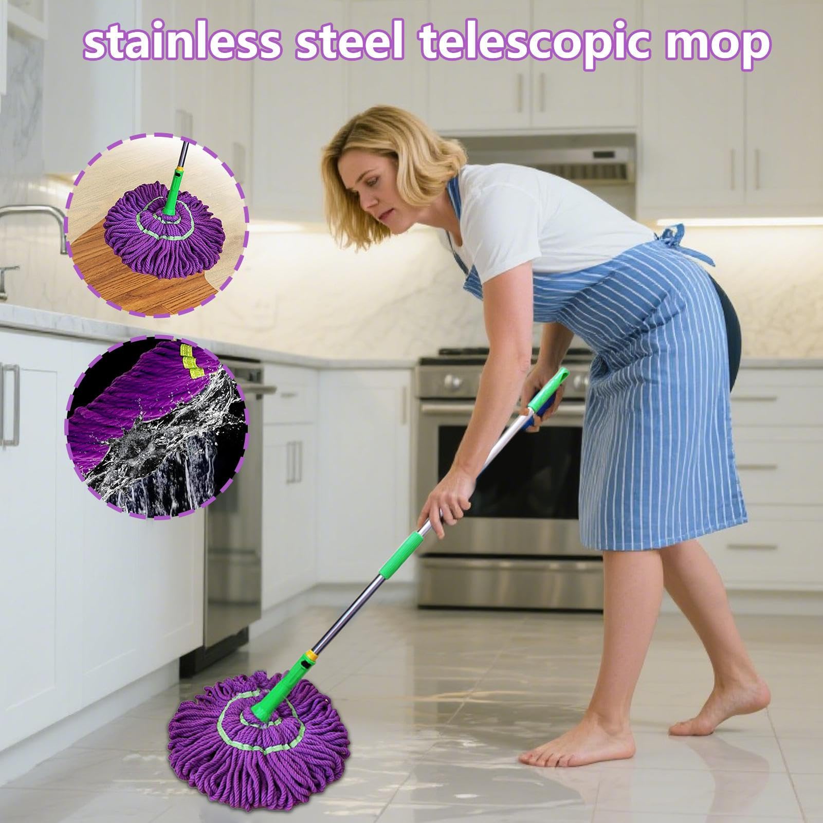 Mopa Giratoria Para Limpieza De Suelos Escurrido Fácil Telescópico | Absorbente Para Hogar Cocina Baño Dormitorio Salón Garaje Local Comercial Restaurante Escuela Baldosas de Cerámica Suelos de