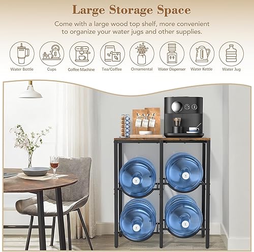 Miniatura 2 de VINAEMO Soporte para jarra de agua de 5 galones, soporte para jarra de agua de 3 niveles con estante de mesa de madera extendido, 4 ranuras para