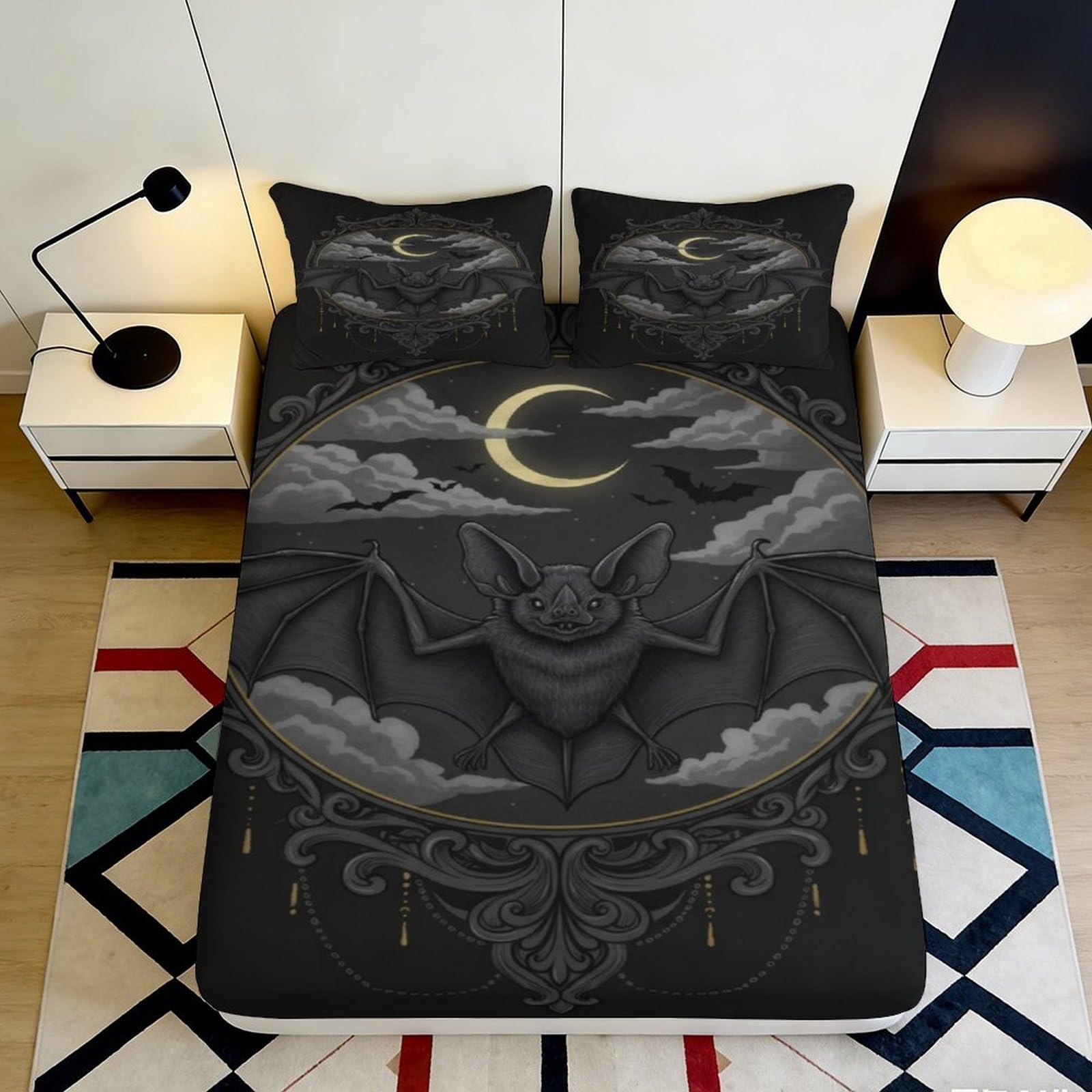 3D Printed Moon Night Fitted Sheet Microfiber Soft Breathable Bat Cloud Bed Cover for Adult Teen Bedroom Decor 90x200x25cm