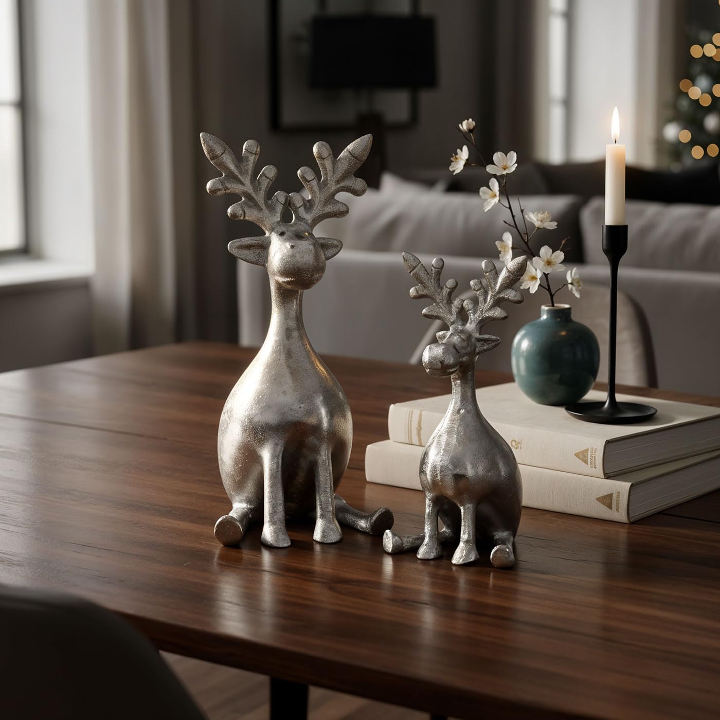 levandeo 2er Set Rentiere Metall Silber Hirsche Deko Tischdeko Weihnachtsdeko Figur Weihnachten Tierfigur Aufsteller