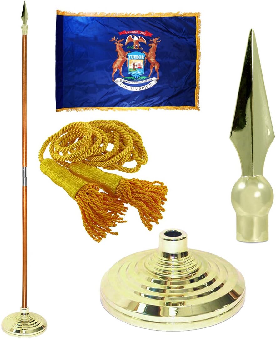 Super Tough Michigan 3ft x 5ft Flag, Flagpole, Base & Tassel | Indoor Michigan Flag with Gold Fringe & Pole Kit | Aluminum Brass Finish Flagpole, Shiny Gold | 8 Ft Oak Pole | Spear Metal