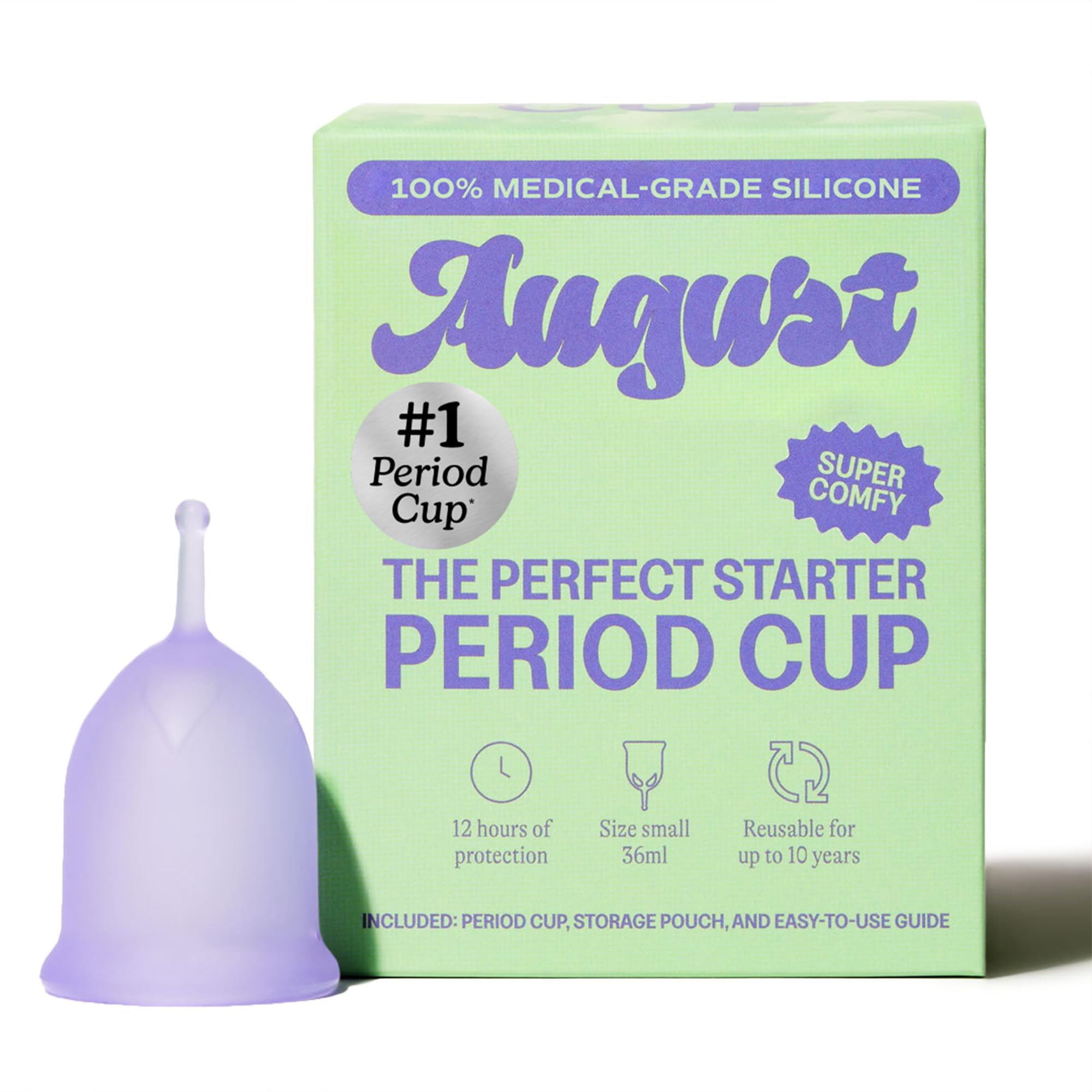 August Period Cup for Women - 36 mL Capacity, 8-12h Protection, Flexible, Soft Silicone Menstrual Cups with Cotton-Sateen Pouch, Reusable and Beginner-Friendly with Easy Step-by-Step Guide