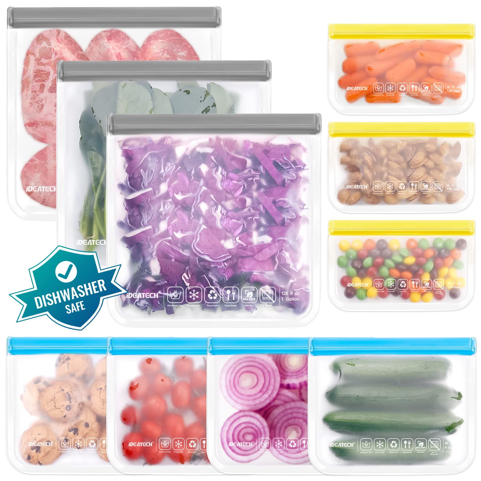 IDEATECH Reusable Silicone Bags 10 Pack Leakproof Ziplock Sandwich Snack Food Storage Pouches BPA Free Freezer Bags for Meal Prep Batch Cooking Fridge โ image 1
