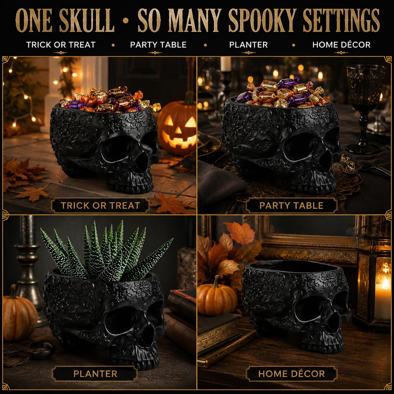 Halloween Schädel Pflanzgefäß & Trick or Treat Candy Bowl 15,2 cm Schädel Skelett Kopf Topf für Sukkulenten, Blumen oder Süßigkeiten - Gruselige Gothic Dekor für Garten, Haus, Partys, Spukhaus