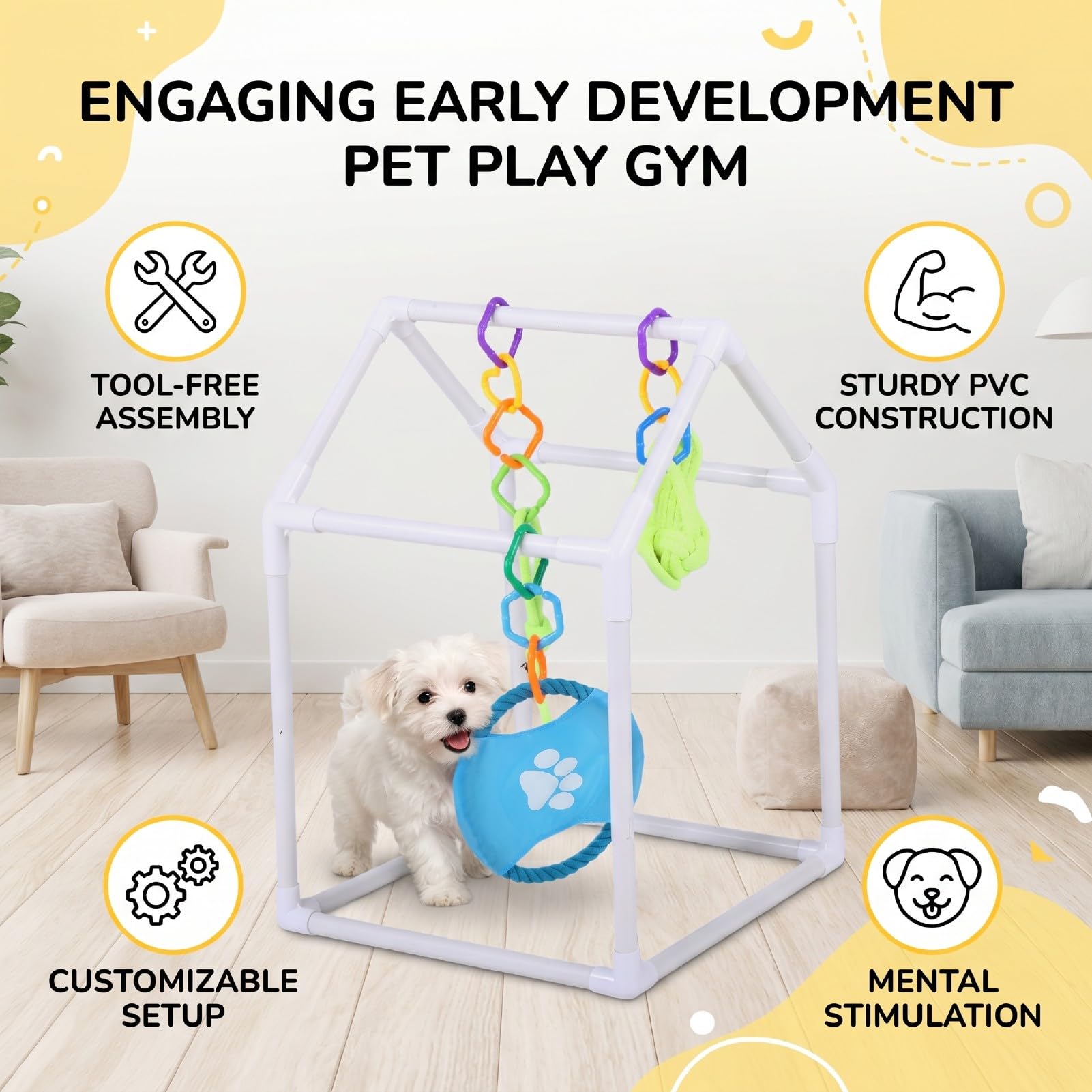 Gimnasio para Perros con Juguetes Colgantes 35x35x35x20 Cm, Marco Extraíble con Juguetes Interactivos para Perros Pequeños, Gatitos para Jugar en Interiores