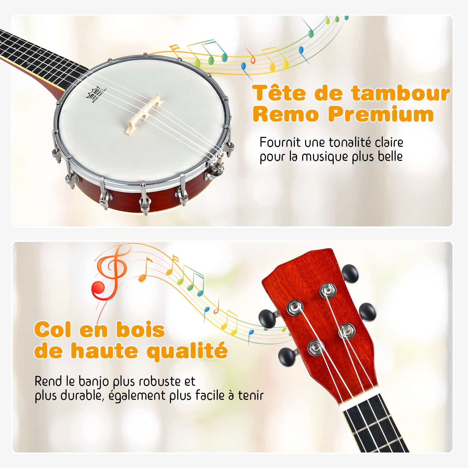 DREAMADE Banjo 4 Cordes 12 Supports avec Tambour Remo, Kit Banjolele Portable de Concert avec Accordeur & Sac de Transport, Instrument à Cordes pour Débutants, Amateur, Rouge
