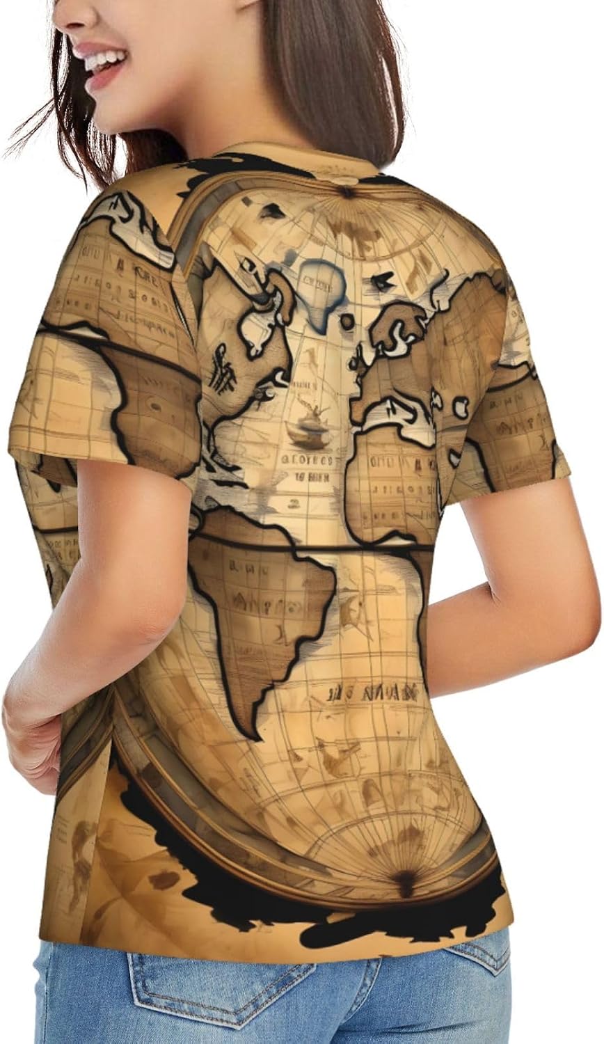 Women Casual Ancient Map World Globe Print V-Neck T-Shirt Short Sleeve Summer Trendy Tops.