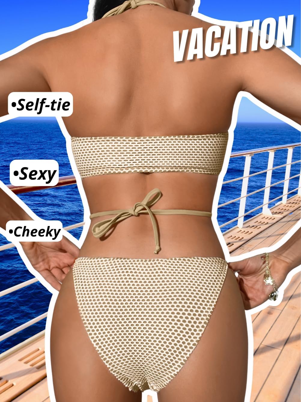 Women Sexy Fishnet Halter Bikini Set, O Ring Strapless Bandeau Swimsuit, Low Rise Cheeky Two Piece Bathing Suit Beach - Image 3