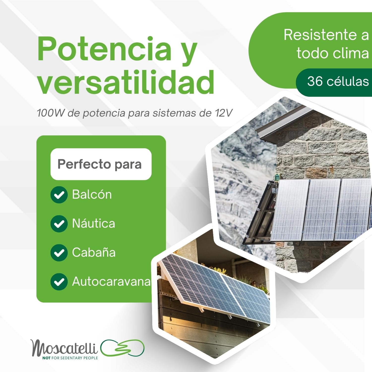 MOSCATELLI Panel Solar 100W para baterias 12V Células Monocristalinas PERC 9BB de Última Generación con Muy Alta Eficiencia. Optimizado – tensión 21V