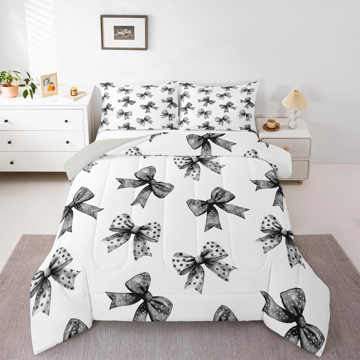Erosebridal Bow Kids Comforter Set | Ribbon Black Bow Bedding Twin Size Coquette Bowknot with Dots Down Comforter Dreamy Princess Bowtie Duvet Set for Bedroom