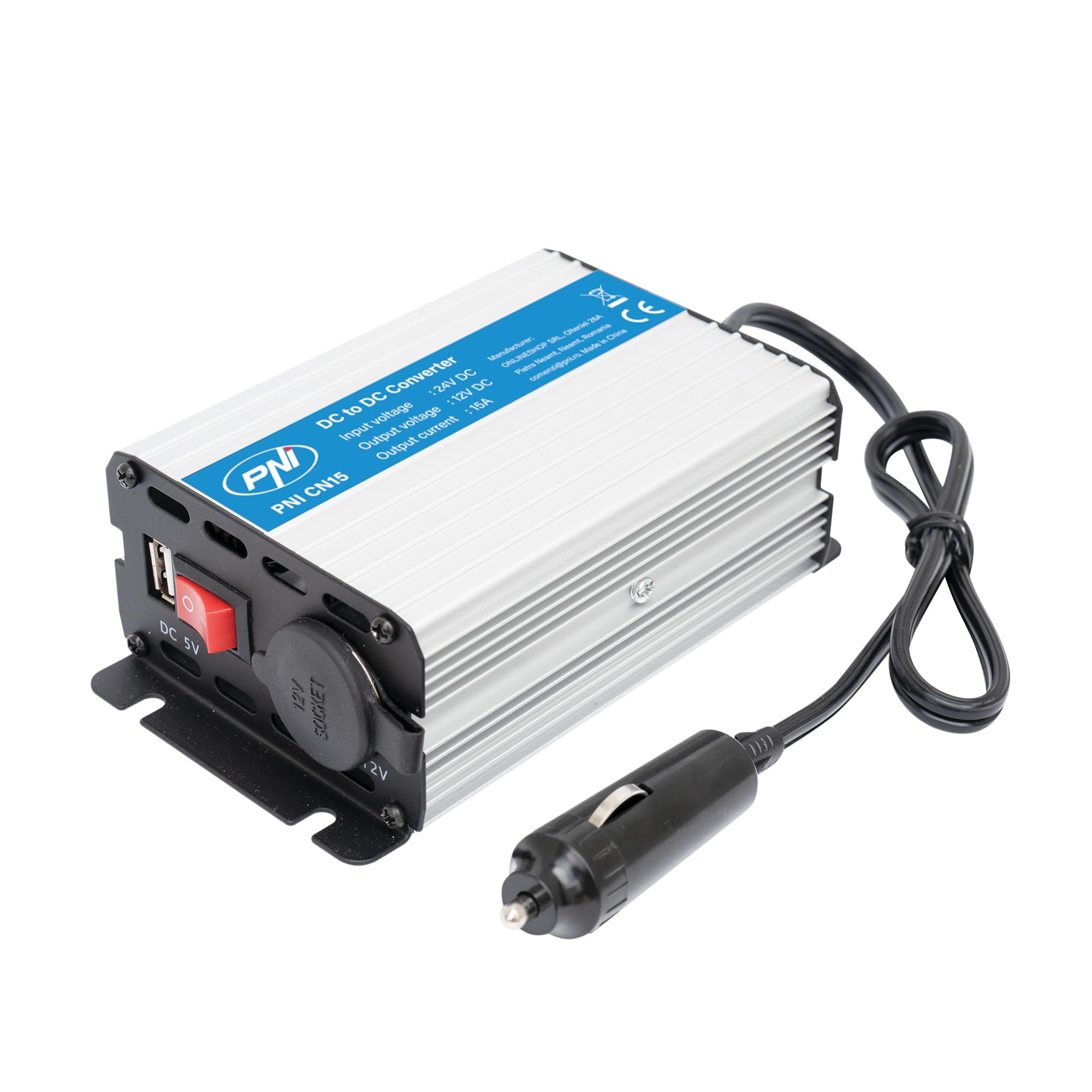 Voltage converter PNI CN15 180W, 24V-12V, 15A, USB 2.0, output short circuit protection