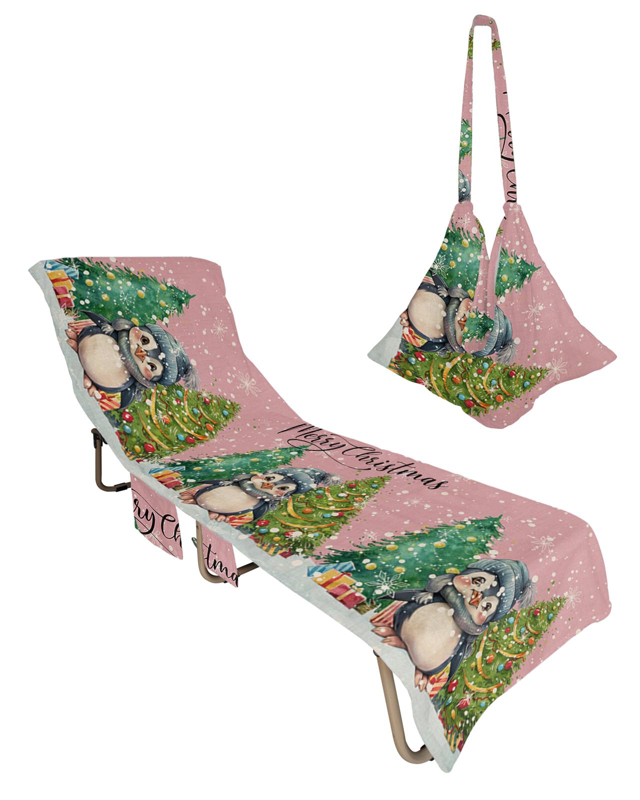 Christmas Penguin Beach Chair Towel Covers for Chaise Lounge with Side Pocket, Soft Plush Pool Towels Cover for Patio Sunbathing Outdoor 29''x85'' Watercolor Blush Pink Pine Tree