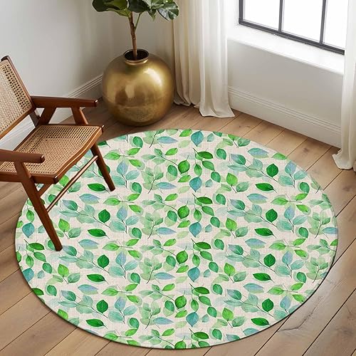 Miniatura 2 de Round Rugs 5ft, Green Leaves Non-Slip Area Rugs for Living Room Bedroom Entryway, Botanical Abstract Color Retro Plants Washable Carpet Runner Rug