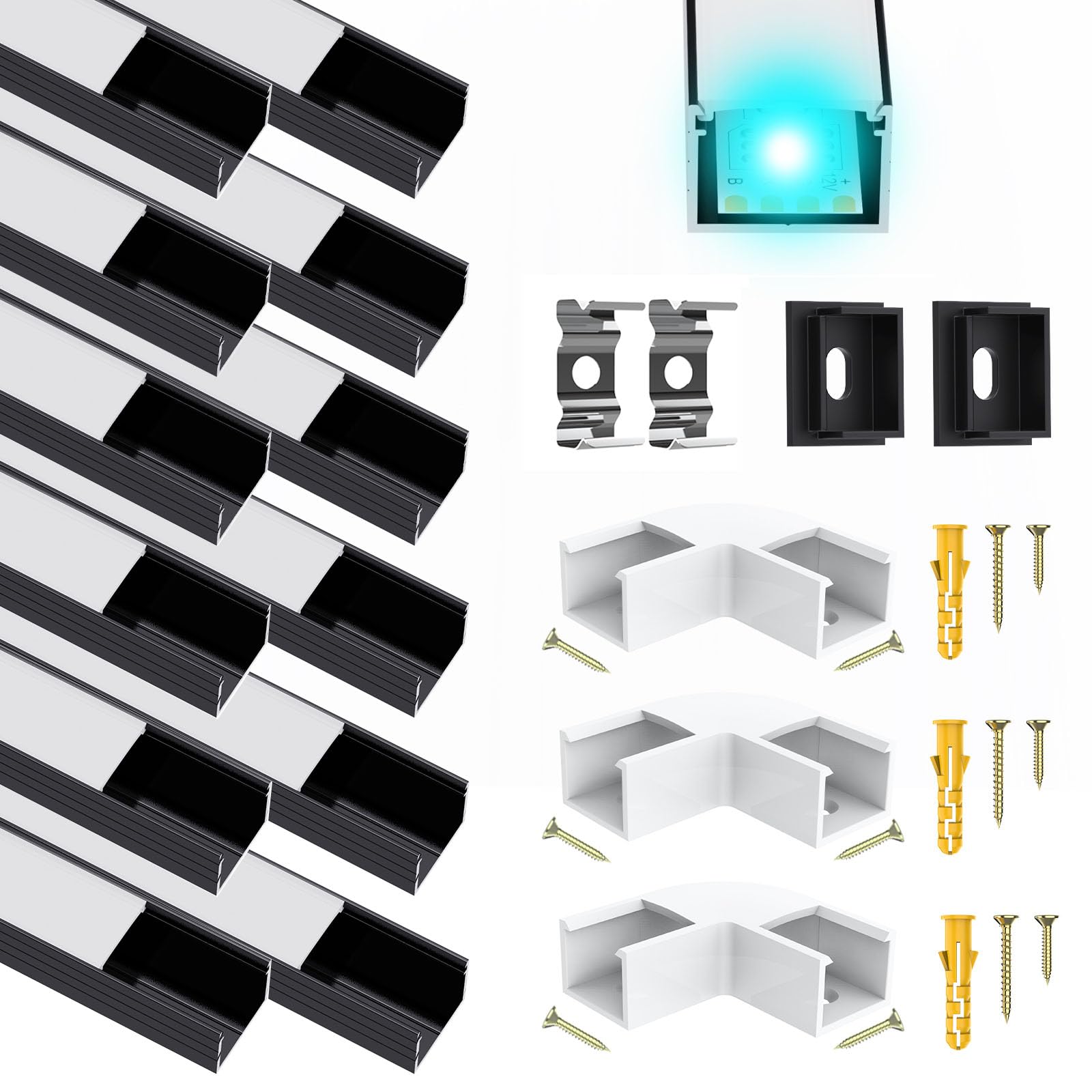 12Pack LED Kanal Aluminum Profil Schwarz für Bis zu 16mm Streifen, U Form Kanal Leiste Aluprofil mit Milchiger Weißer Abdeckung, Stripe Schiene Geeignet für Philips Hue LED Streifen/Strip/Band Plus