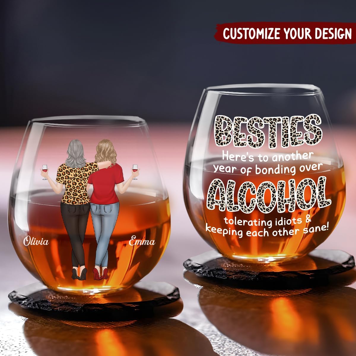 Wrappiness Bestie Personalized Custom Wine Glass - Here's To Another Year Of Bonding Over Alcohol, Funny Gift for Best Friends Women Sisters BFF Troll Mug W15-03-202