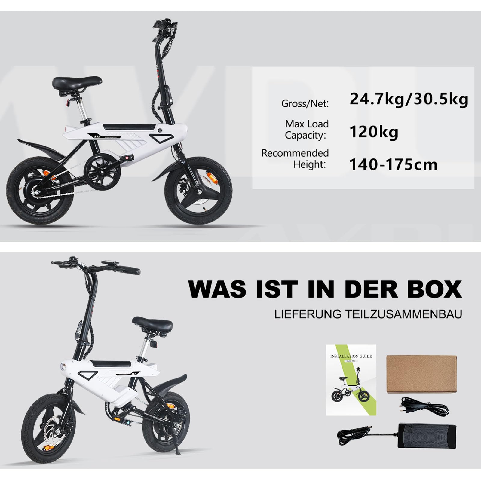A02 Bicicleta Electrica Plegable 14 Pulgadas - Bici Electrica con Batería de 36V 6.5Ah, 250W Motor, Todo Terreno Ebike para Adulto, Alcance de 15-30 km E-Bike, Unisex Adulto Bici Electrica