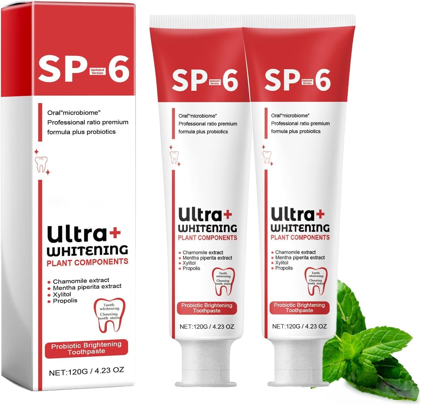 Sp-6 Ultra Whitening Toothpaste, Probiotic Brightening, Deep Cleaning, Fresh Breath Mint Paste, 120g (2 Pack)