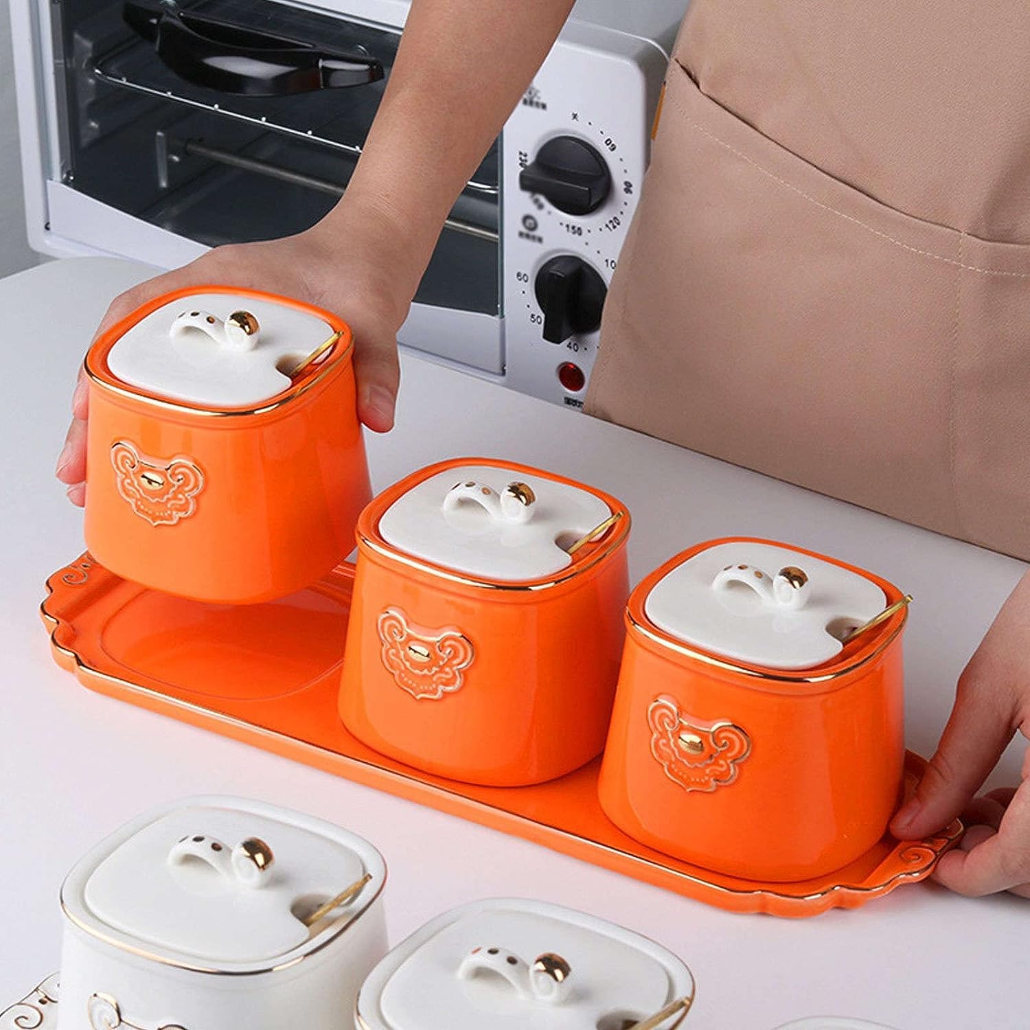Pots à Épices Assaisonnement Box Set Coffret D'assaisonnement En Céramique Nordique, Avec Couvercle De Cuillère Et Plateau, Ensemble De Pots À Épices, Organisateur De Condiments, Cuisine Pots à Sel Se