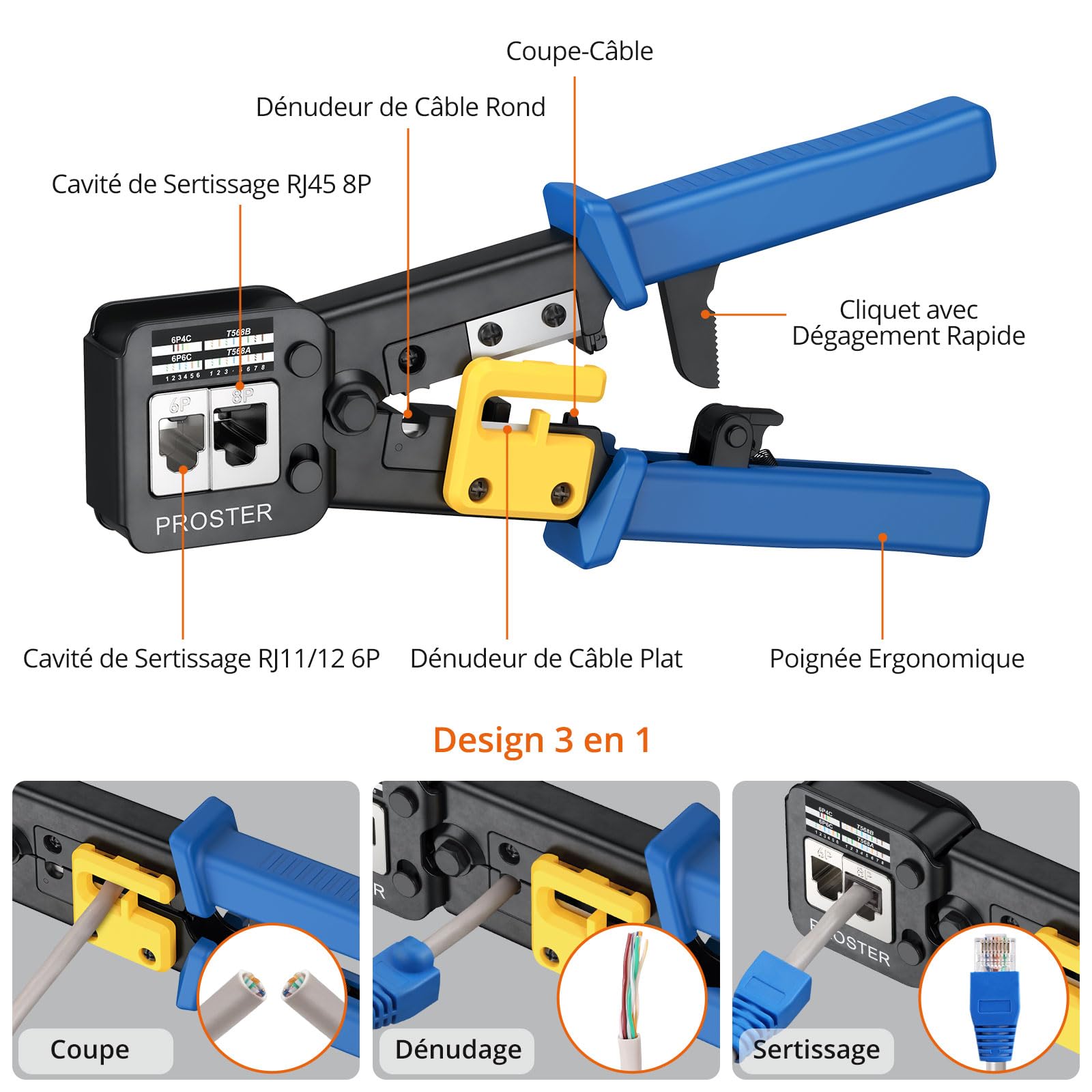 Proster Pince à Sertir RJ45 Professionnelle Kit Réseau – Outil Sertissage Ethernet Cat6 Pass Through avec Testeur, 50 Connecteurs Plaqués Or, Installation Maison Bureau Technicien