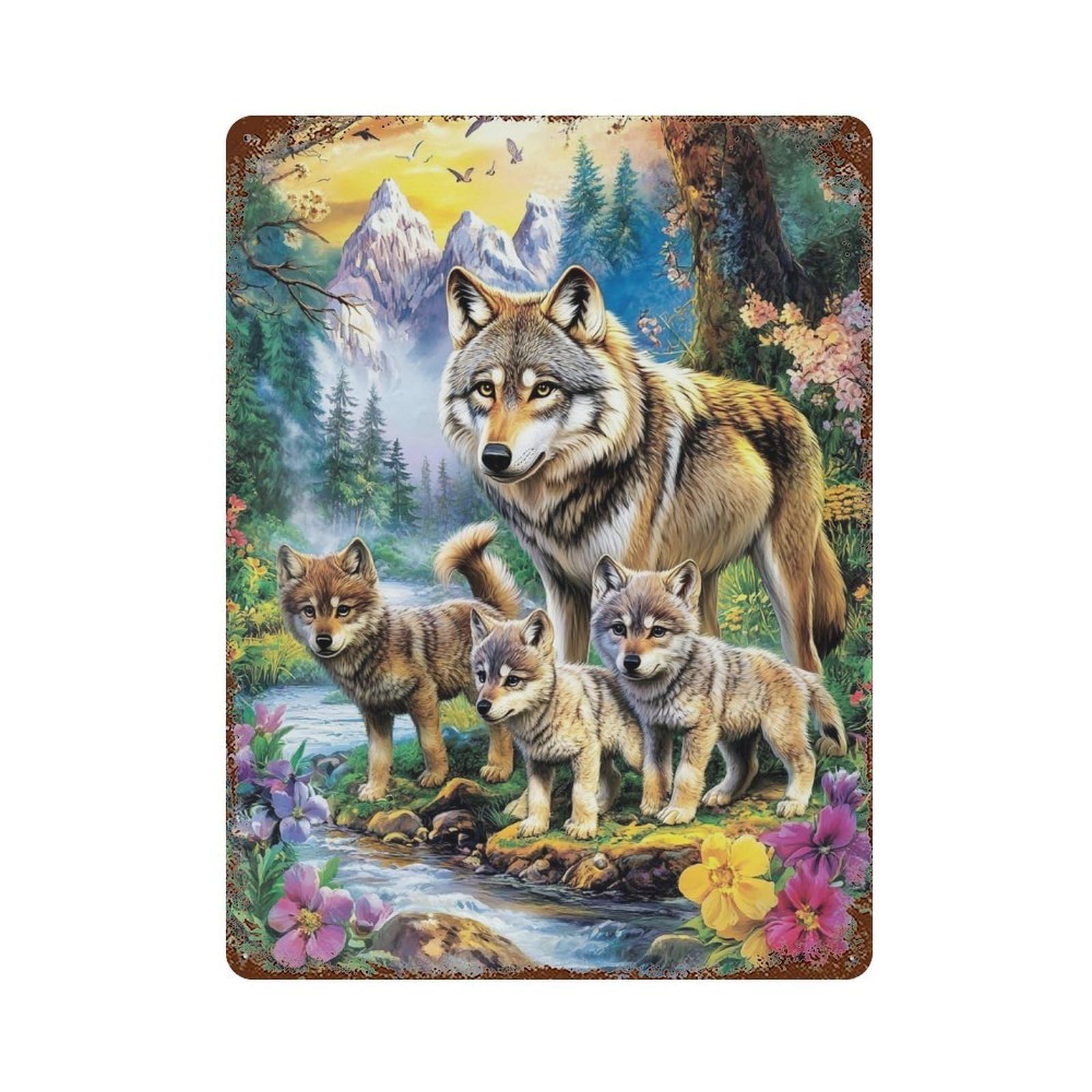 Wolf Family in Forest Scene Weathered Tin Sign 15.7"x11.8", Decorative Metal Wall Art for Garage, Bar And Workshop Decor