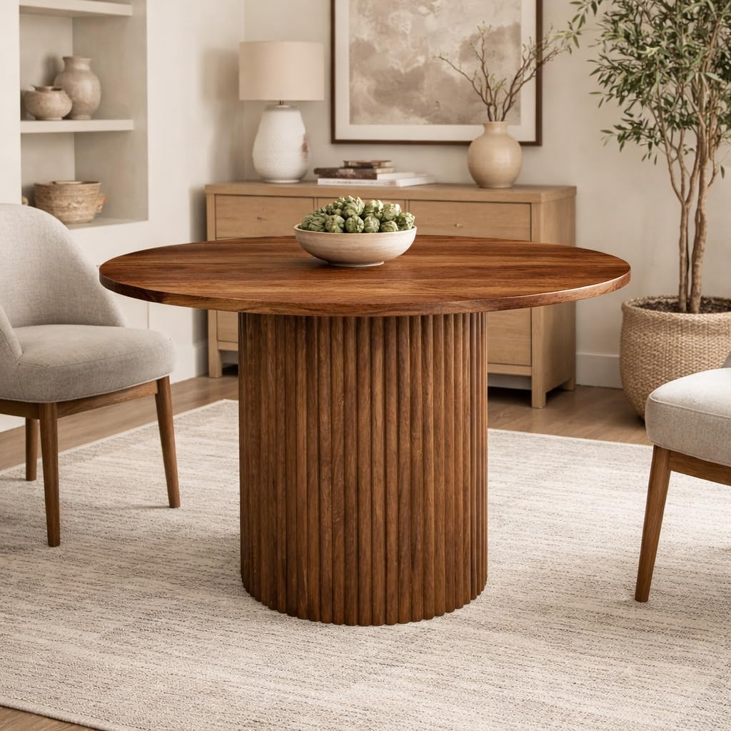 ANGEL FURNITURE Grafton Mango Wood Round Dining Table with Fluted Design Base, Oak Matt Finish, 120x120x75 cm, Four Seater (Wenge)-image-21