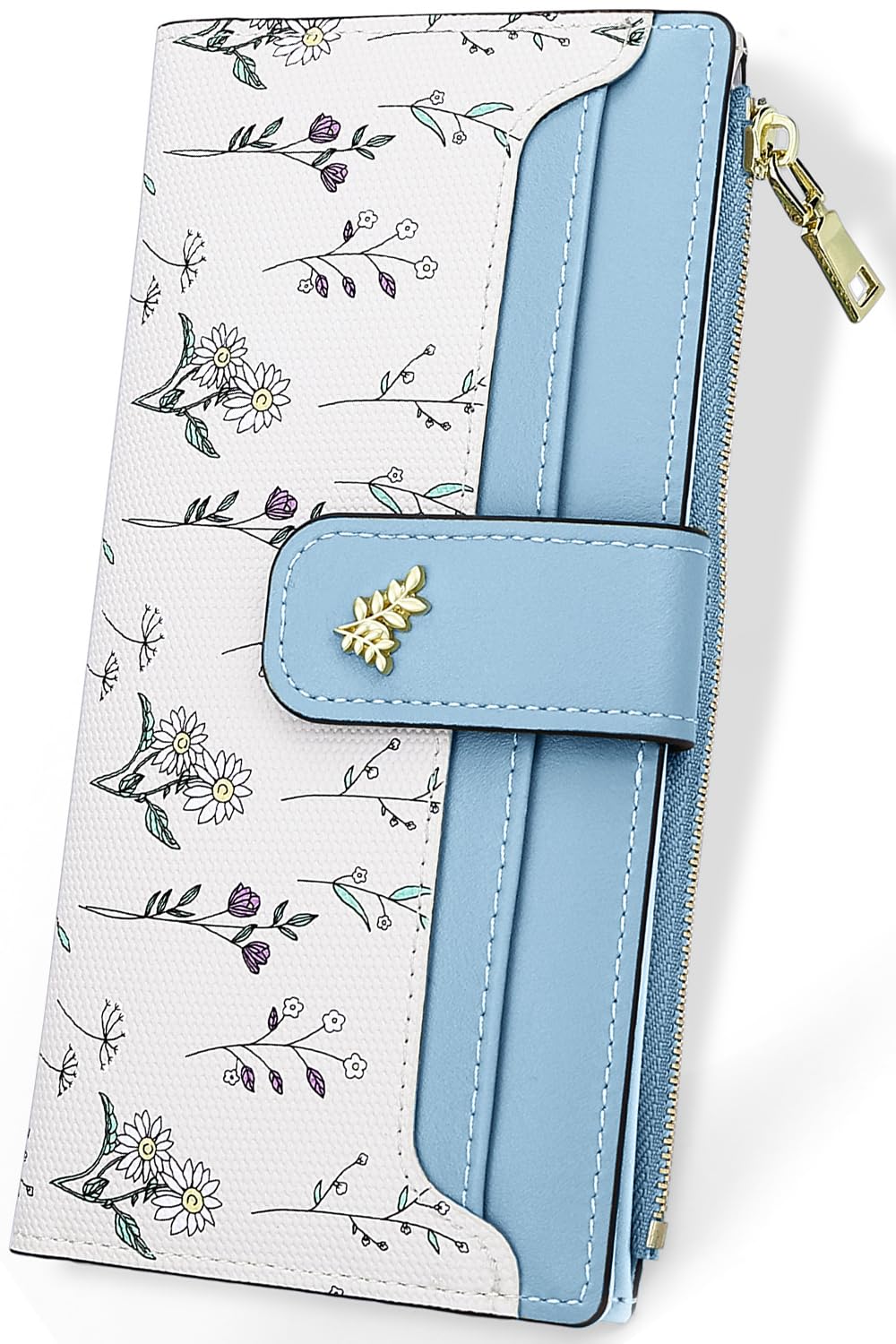 Wallet Women Slim Wallets for Women with RFID Blocking Cute Thin Blue Womens Wallet Kawaii Flower Womens Ladies