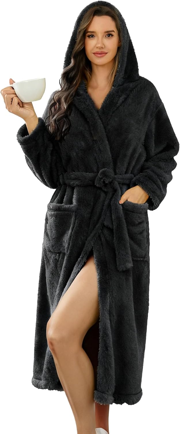 LYCY Women Hooded Fleece Robe, Soft Warm Plush Bathrobe for Women Fluffy Spa Long Robe
