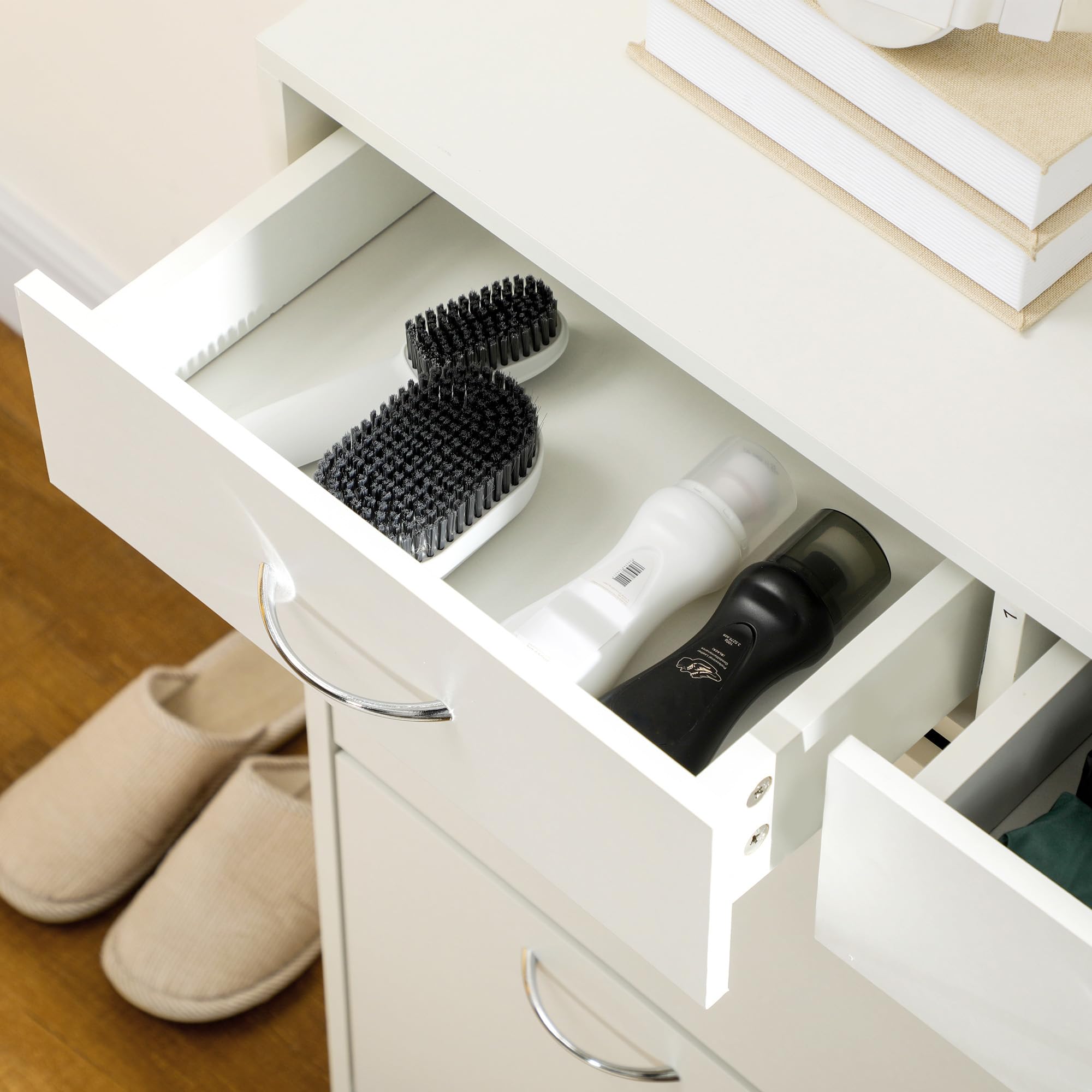 HOMCOM Meuble à Chaussures Armoire à Chaussures 80 x 30 x 91,5 cm Blanc | 2 Tiroirs, 2 Portes Abattantes, Étagère Réglable, Poignées en Aluminium