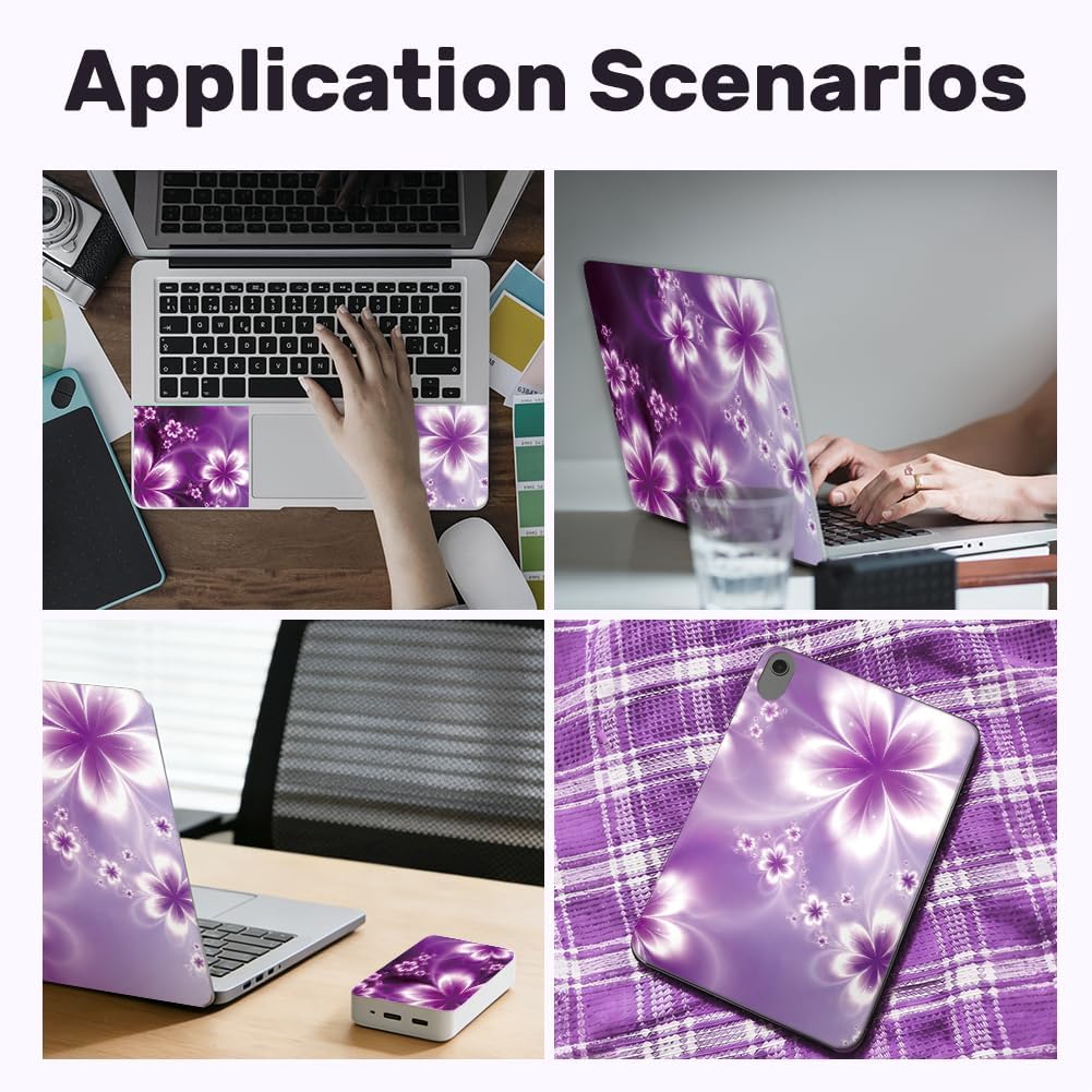 3Pcs Laptop Skin Sticker Decal Purple Flowers PVC Laptop Sticker Fits for 12-16 Inch Notebook Waterproof Scratch Proof Universal Notebook PC Personalized Protector Gift