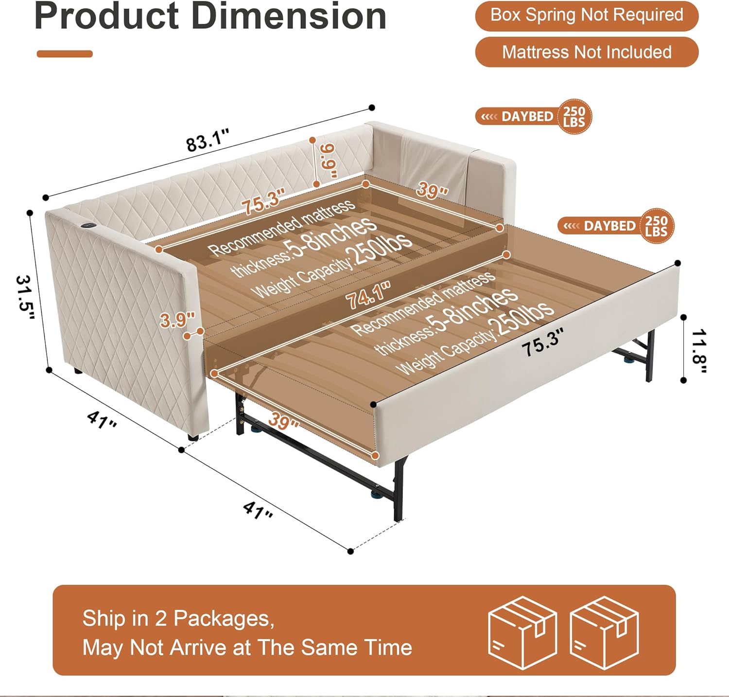 DNYN Velvet Daybed with Pop-up Trundle and USB Ports for Bedroom/Guest Room, Space-Saving Wood Bed Frame with Side Storage Pockets, No Box Spring Needed-Beige