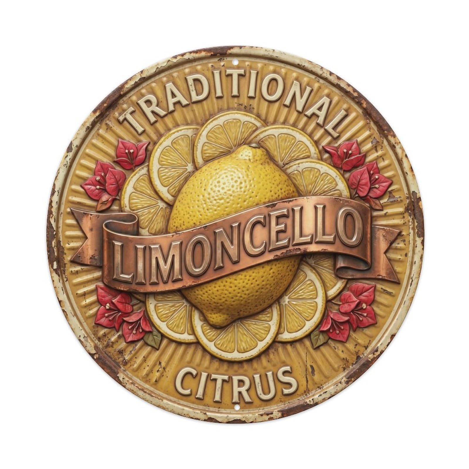 Fqcyn Style Traditional Citrus Emblem Limoncello Metal Tin Sign Plaque Wall Decor For Cafe, Club Bar, Office, Home Garden Round Metal Poster 8X8inch