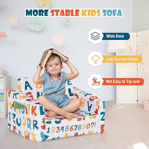 Miniatura 9 de COSTWAY Sofá para niños, sofá convertible 2 en 1 para niños con bolsillo de almacenamiento lateral, sofá abierto y cama con patrones de corte,