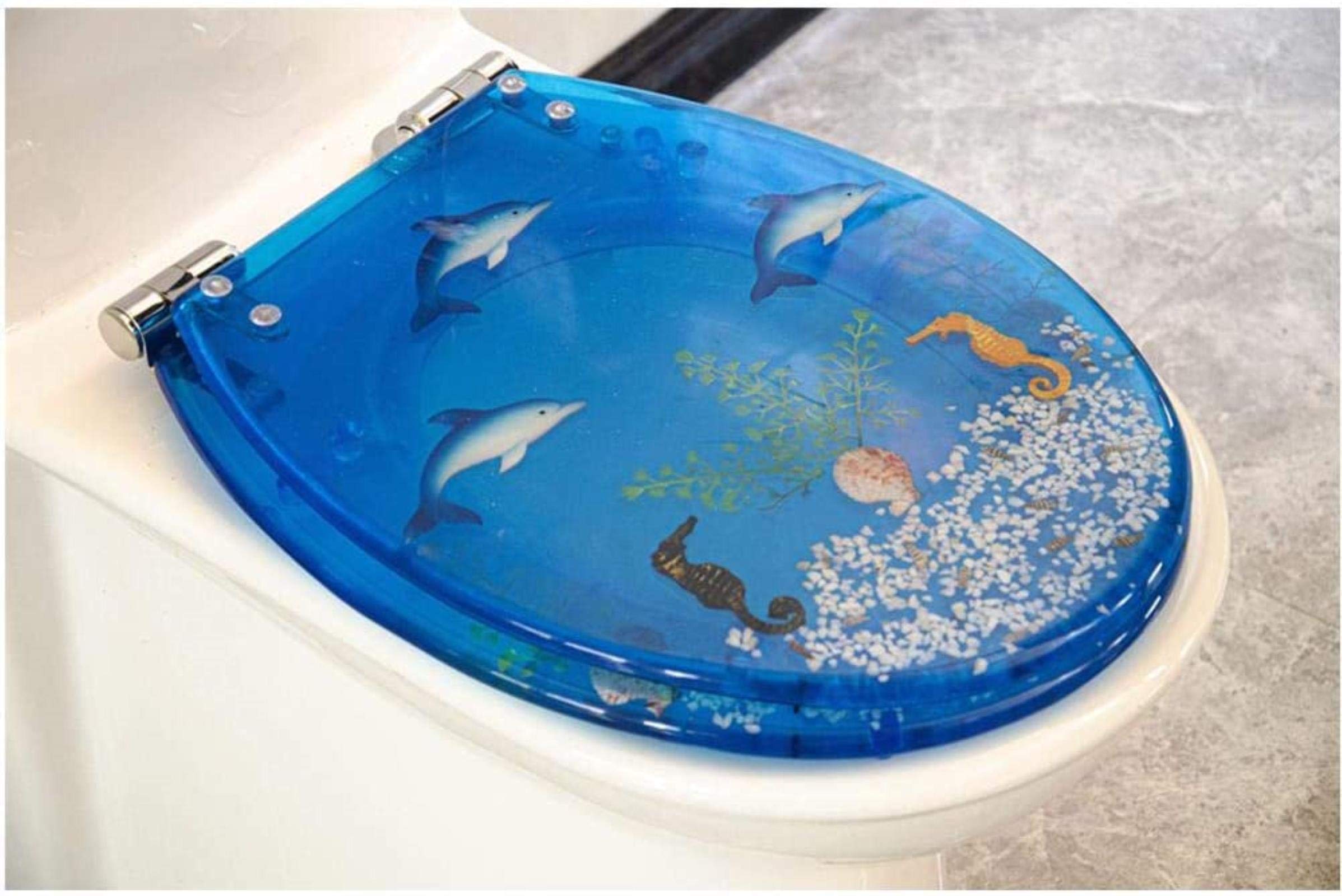 Soft Close Toilet Seat for Bathroom, Resin Material,Automatic Lowetoilet Cover,Top Fix and Quick Release/Light Blue Seahorse