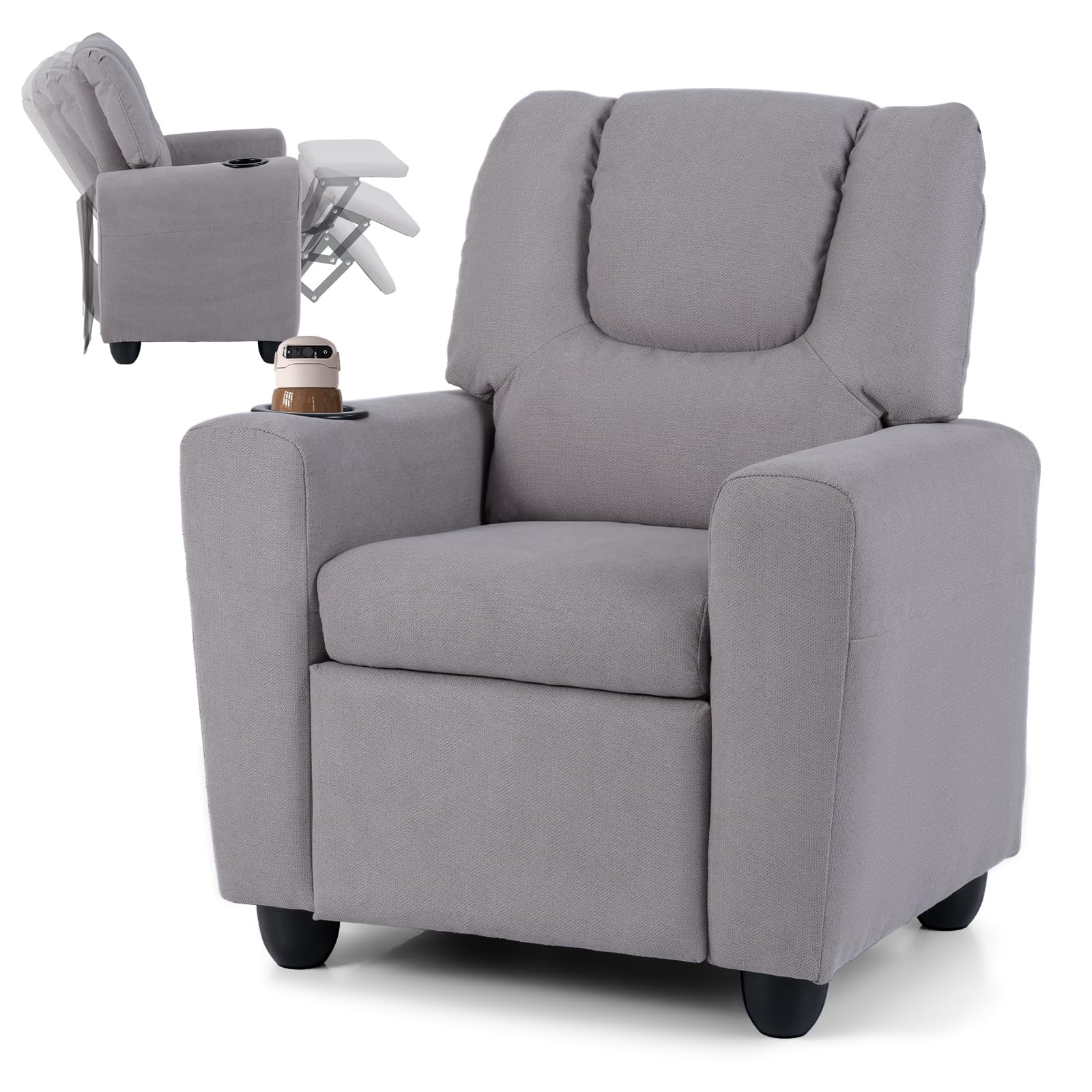GOPLUS Fauteuil de Ralaxation Inclinable pour Enfant, Chaise de Détente Ergonomique avec Porte-gobelet, Dossier et Repose-Pieds Réglables, Surface en PU, Fauteuil Enfant 3+ Ans (Gris)