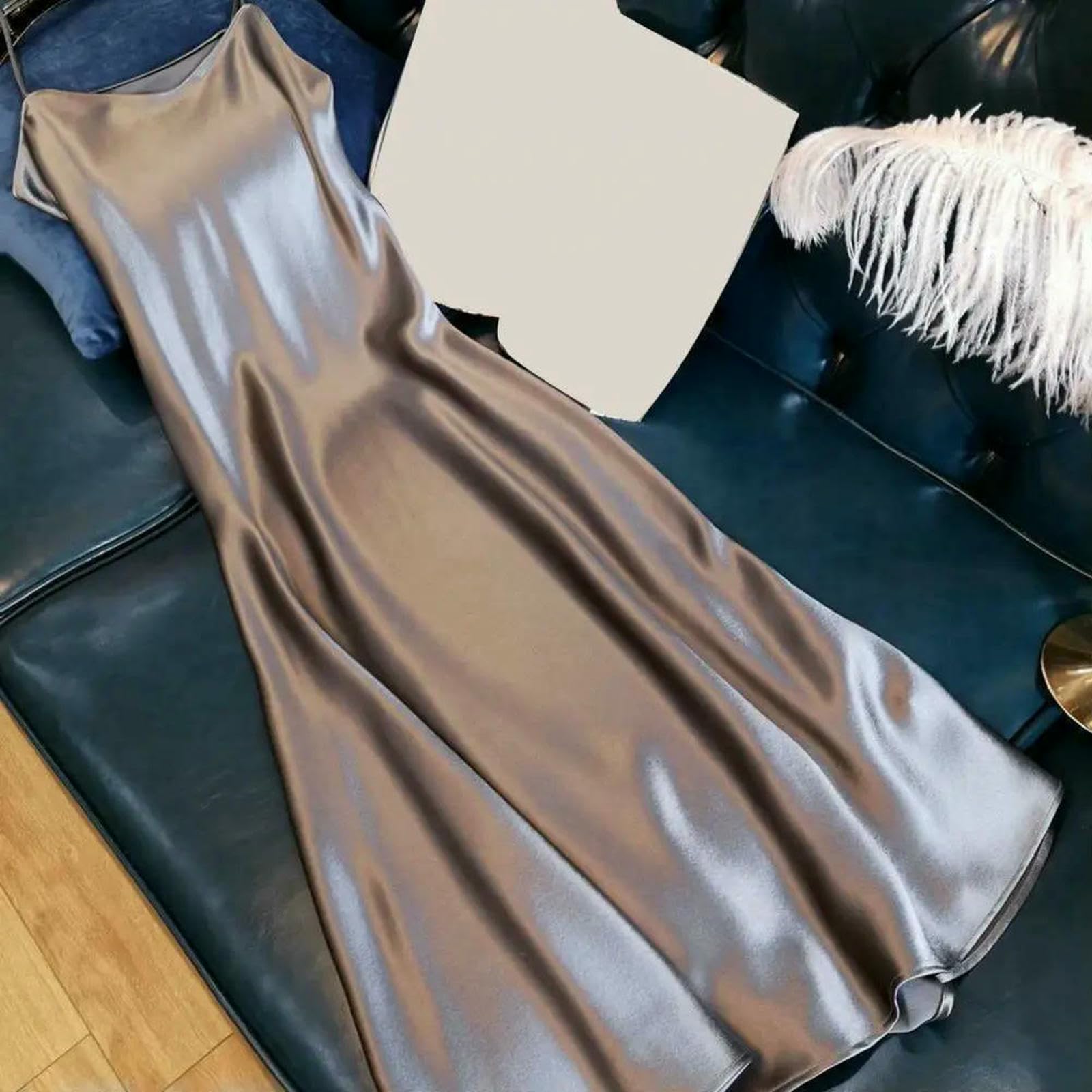 Abito Donna Lungo da in Satin con Scollo A V, Senza Maniche, Schienale, Lacci, Elegante Estivo Sera per Le Vacanze-Spumante-XL